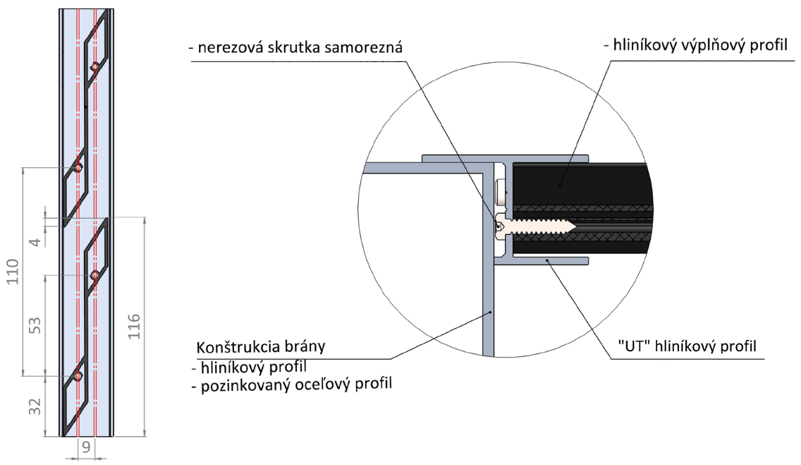 žaliuzės tipo lamelė vertikaliai UT profilyje