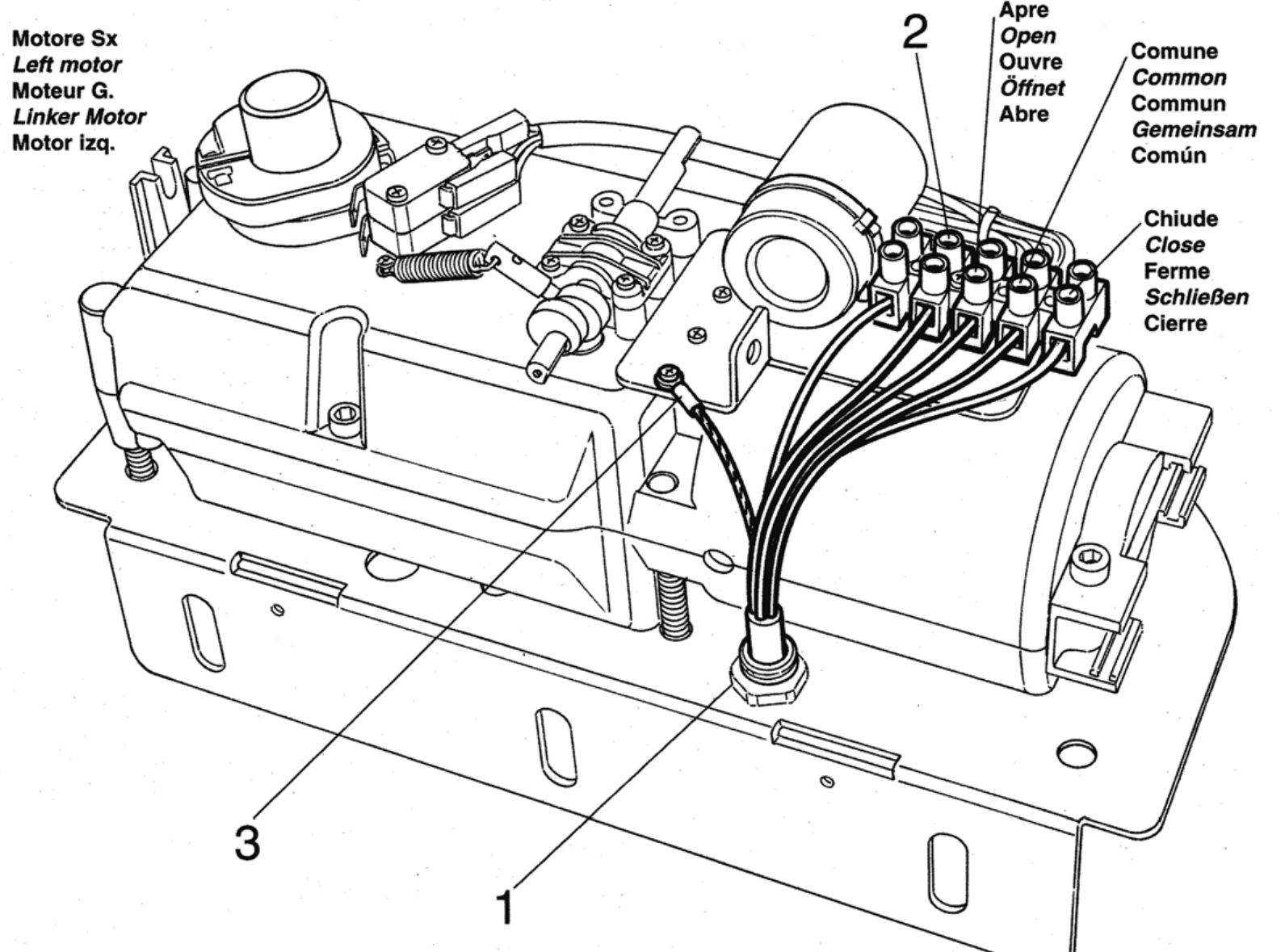 HY7100 – kairiojo 230 V variklio gnybtų blokas, Open, Common, Close ir PE HY7100 – kairiojo 230 V variklio gnybtų blokas, Open, Common, Close ir PE