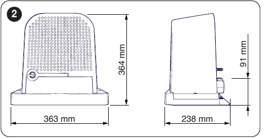 NICE ROBO1000 matmenų brėžinys: plotis 363 mm, gylis 238 mm, aukštis 364 mm