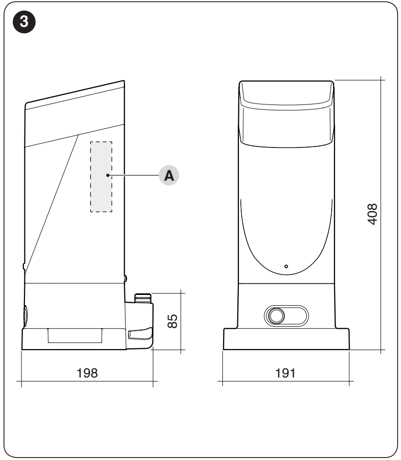 NICE SLIGHT SLH400 – pagrindo matmenys 191 × 198 mm, aukštis 408 mm