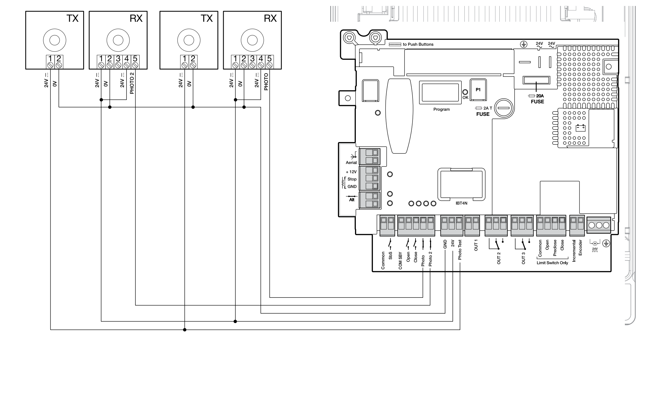 DPRO924: RX prijungiamas prie GND/24 V, o TX – prie GND/Phototest