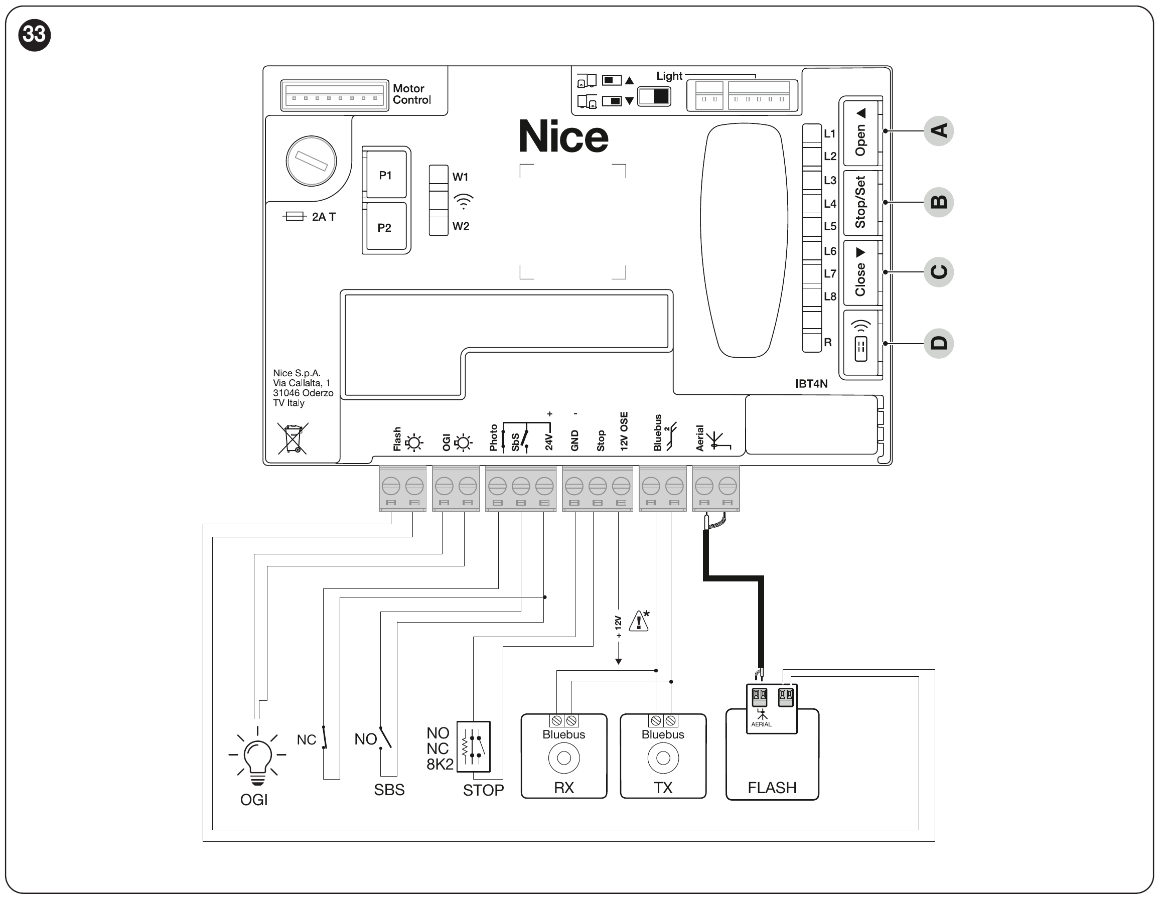 NICE ELDC švyturėlio prijungimo prie NICE ROBUS RBS pavarų schema NICE ELDC švyturėlio prijungimo prie NICE ROBUS RBS pavarų schema